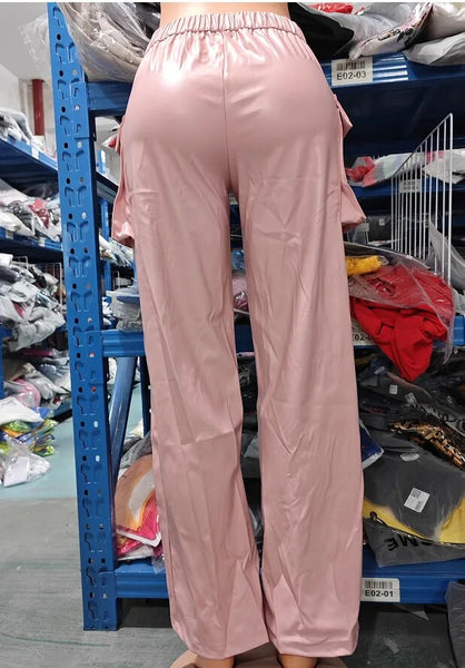 Trendy Pink Casual High Waist Straight Leg Leather Pants