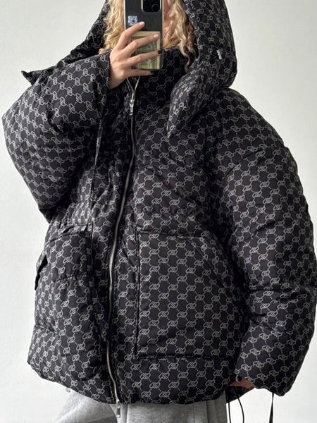 2026 Winter Printed Hooded Puffer Coat Stand Collar Zip Up Big Pockets Women Street Casual Daily Fashion Outfit Trendy Outerwear