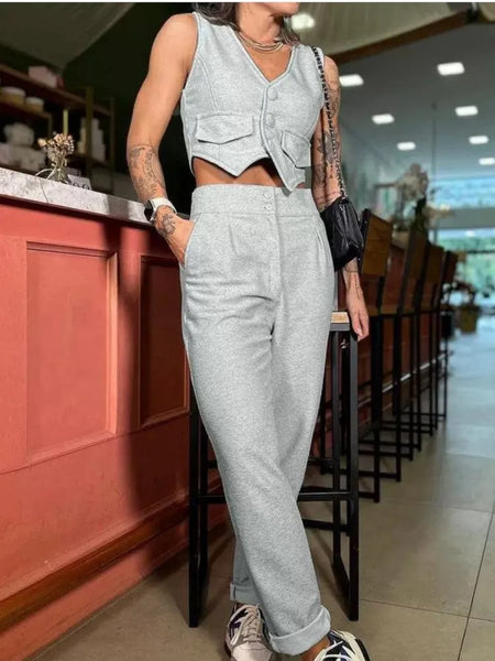 Trendy Casual Single Breasted White Vest And Pants Set