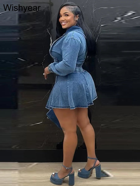 Trendy Denim Stoned Washed Crop Jacket And Pleated Skirt