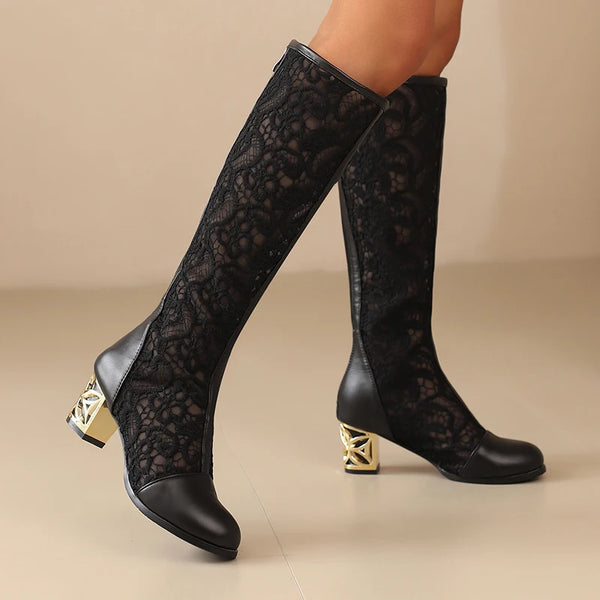 Trendy Lace Mesh Patchwork Knee Boots