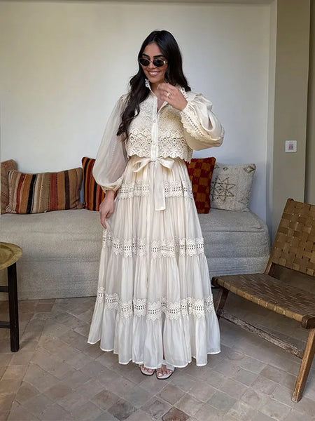 Trendy Lace Patchwork Puff Sleeve Bogemian Dress