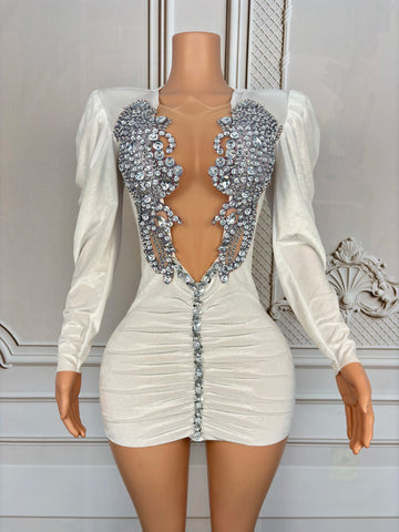 Trendy White Rhinestone Velvet Party Dress