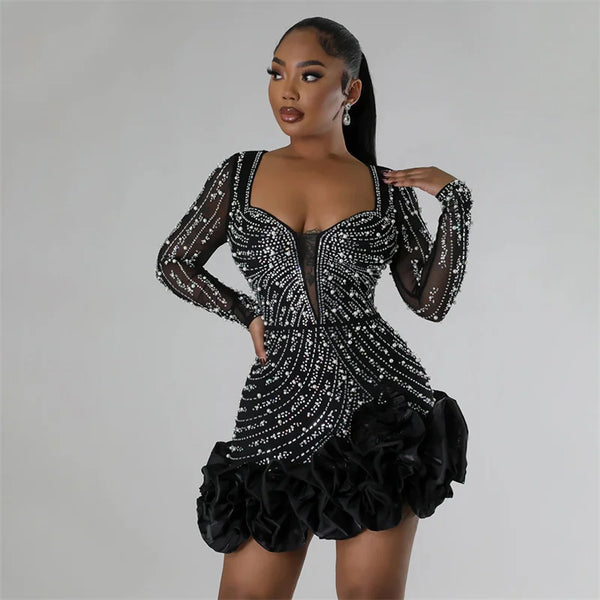 Trendy Rhinestone Mesh Ruffle Party Dress