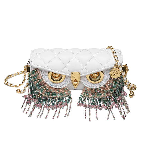 Trendy Night Owl Tassel Crossbody Leather Handbag
