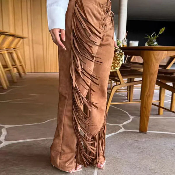 Trendy Fringed Bell Bottoms Velvet Pants