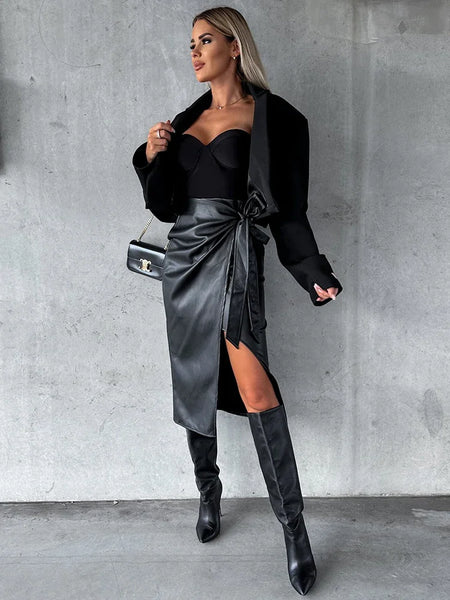 Trendy Leather  Black High Waist Pencil Slit Skirt