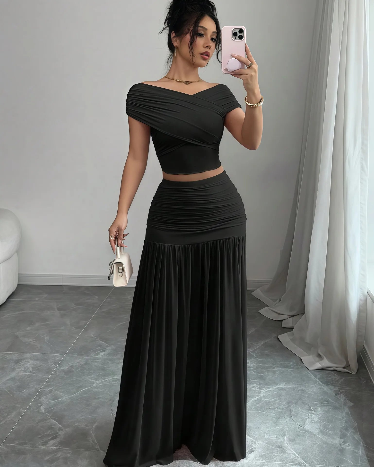 Trendy Pleated Skirt With Off The Shoulder Hollow Out Top