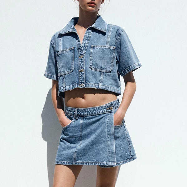 Trendy Denim Scooter Skirt  With Retro Crop Top