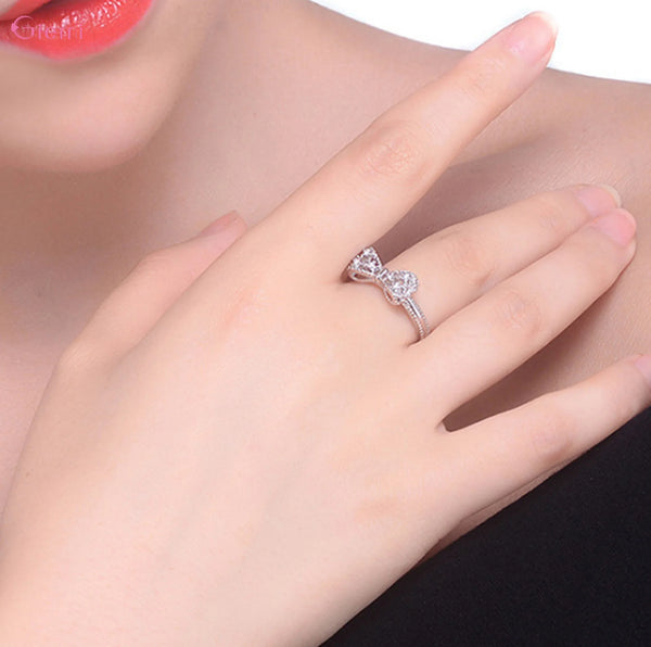 Trendy Sterling Silver Bowknot Cubic Zirconia Rhinestone Ring