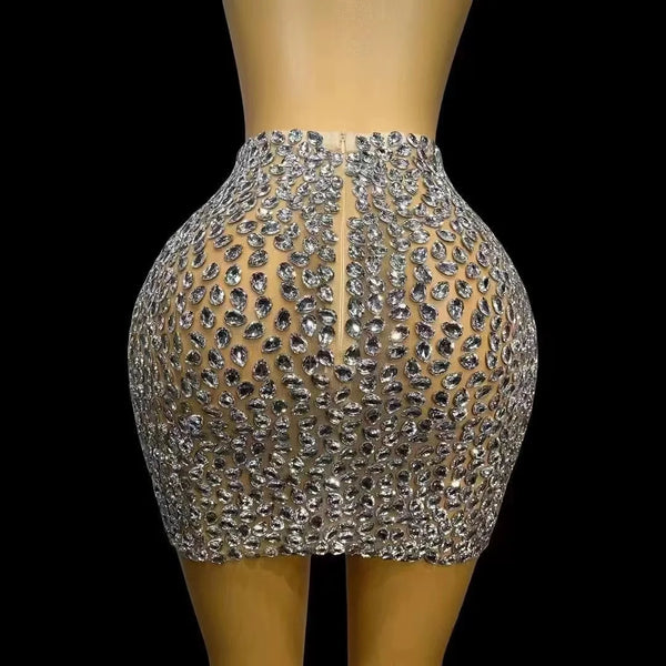 Trendy Silver Rhinestones Embodied Mesh Skirt