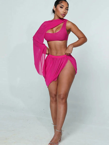Trendy One Sleeve Mesh Fringed Crop Top And Skirt Set