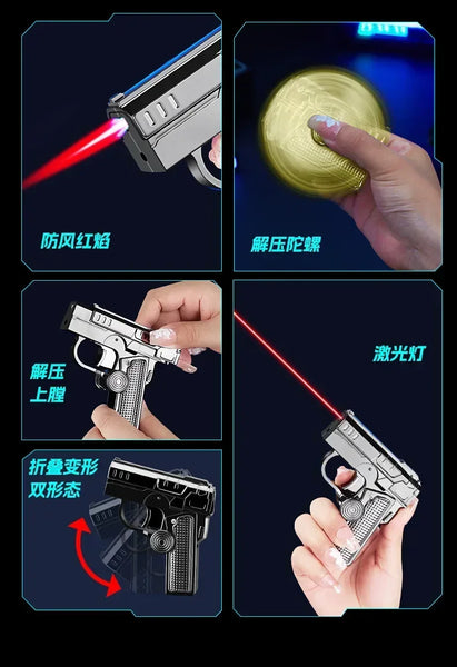 Metal Folding Gun Style Inflatable Lighter Windproof Butane Gas Jet Red Flame Gyroscope Lighter with Laser for Men's Small Tool
