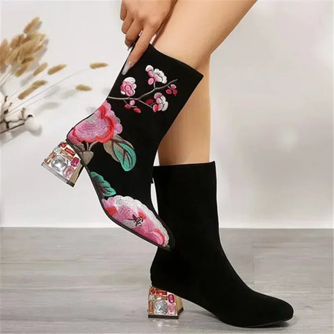 Trendy Floral Embroidered Glass Heel Boots