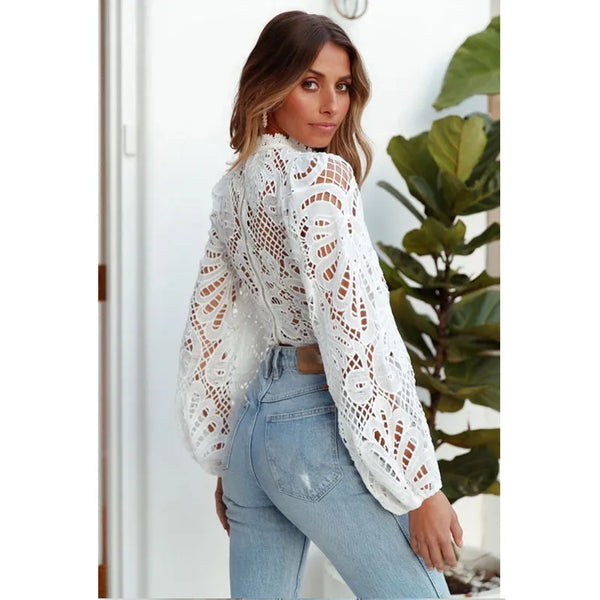 Trendy Long Sleeve Lace Hollow Out Cropped Blouse