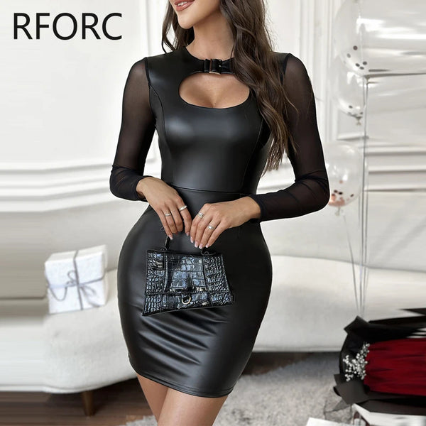 Trendy Hollow Out Mesh Patchwork Mini Black Dress