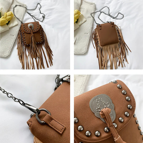 Trendy Punk Leather Tassle Crossbody Ha