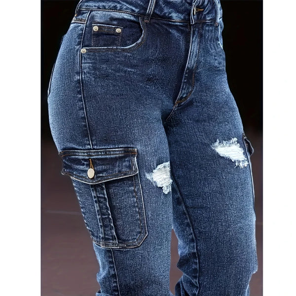 Trendy Cuffed Jogger Large Pocket Denim Jeans