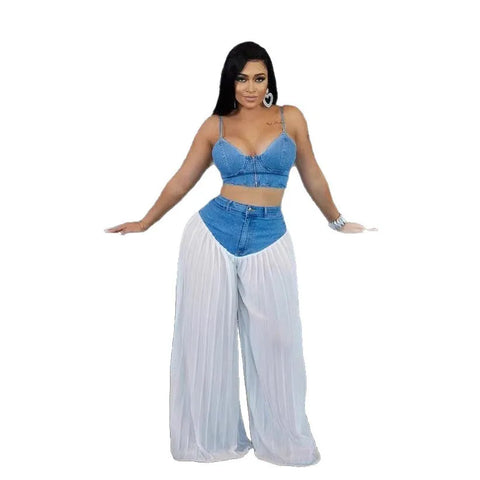 Trendy Mesh Pleated Denim Wide Pants and Top Set