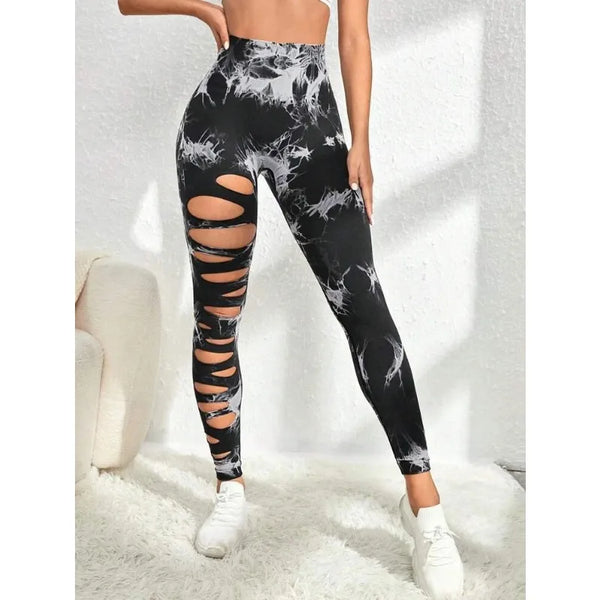 Trendy Tie Dye  High Waist Hollow Out Jeggings