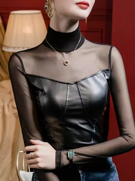 Trendy High Collar Mesh Leather Long-Sleeve