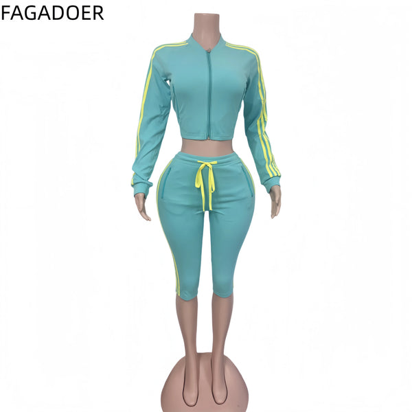 FAGADOER Y2K Trendy Color Block Striped 2 Piece Sets Women Casual Zipper Top Pocket Patchwork Drawstring Bodycon Shorts Suits