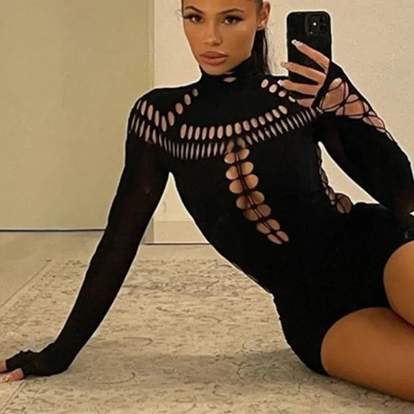 Trendy Solid Black Punk Hollow Out Bodysuits