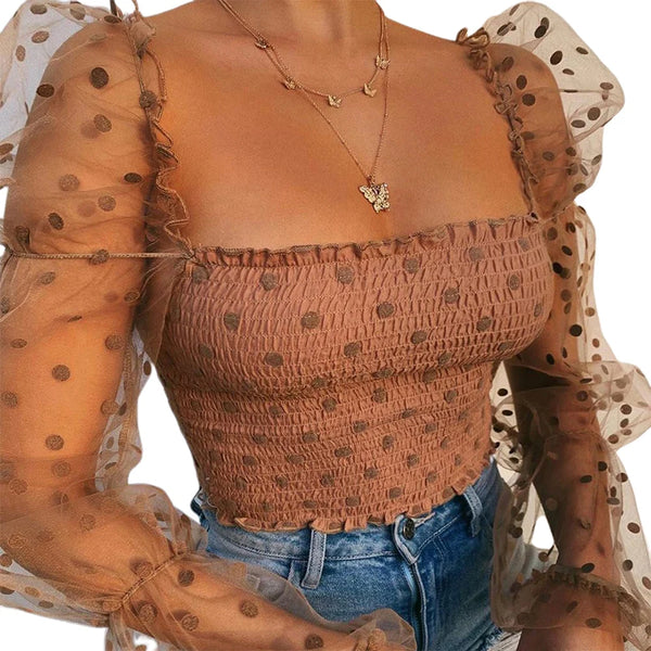 Trendy Sheer Mesh Polka Dot Crop Ruffle Blouse