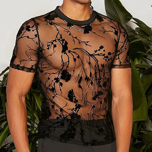 Trendy Mens Mesh Lace Hollow Out Shirt