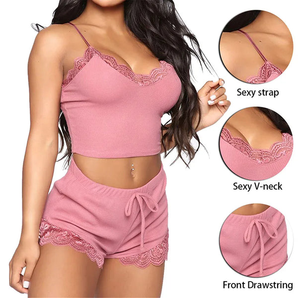 Trendy Lace Sleeveless Pajama Crop Top And Bottom Set