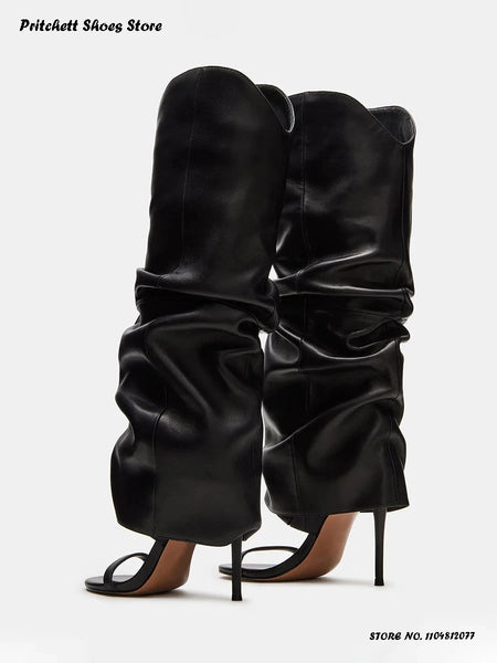 Trendy Pleated Stiletto Open Toe High Heel Boots