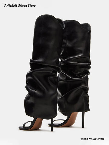 Trendy Pleated Stiletto Open Toe High Heel Boots