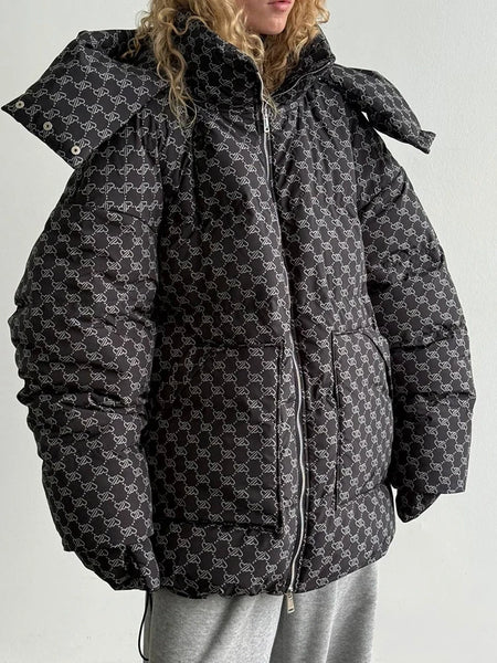 2026 Winter Printed Hooded Puffer Coat Stand Collar Zip Up Big Pockets Women Street Casual Daily Fashion Outfit Trendy Outerwear