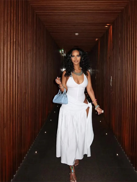 Trendy High Split Halter Bandage Tied Maxi Dress