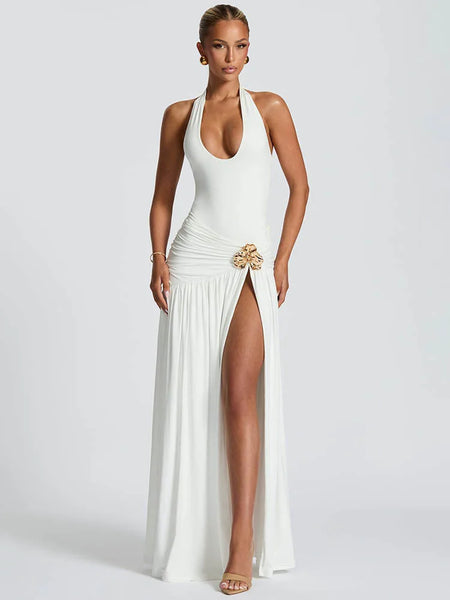 Trendy Backless Halter Bodysuit Draped Maxi Dress