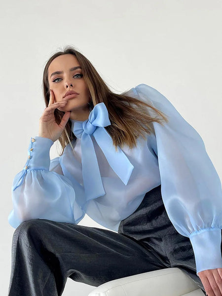 Trendy Puff Sleeve Lace Up Bowknot Collar Blouse