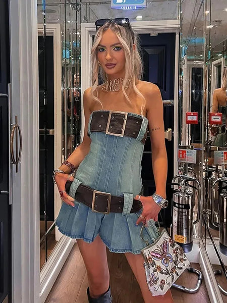 Trendy Strapless Denim Pleated Belt Dress