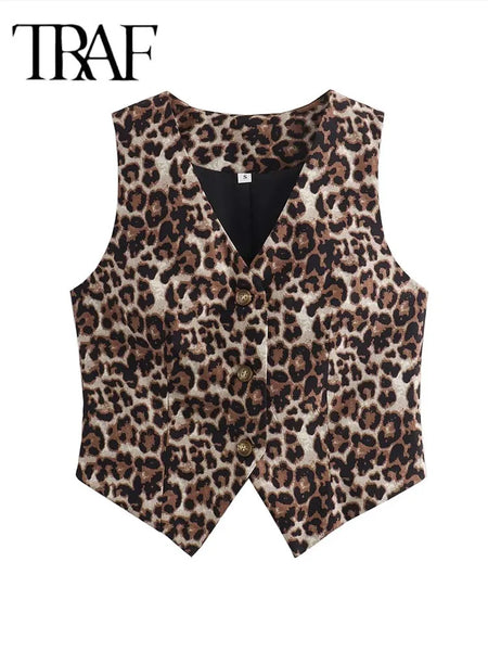 Trendy V Neck Cropped Leopard Casual Vest