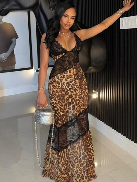 Trendy Black Leopard Mesh Patchwork Maxi Dress