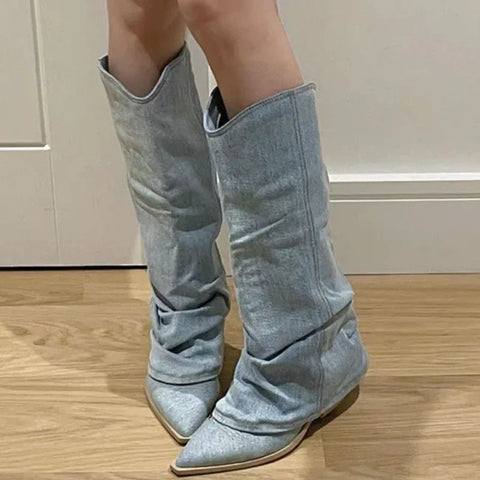 Trendy Pleated Denim Blue Thick Heeled Pointed Toe Western Boots