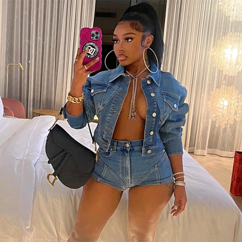 Wishyear Sexy Blue Denim Jacket and Shorts Matching Sets Women Jean Two Piece Suits Streetwear Fall Birthday Party Club Outfits