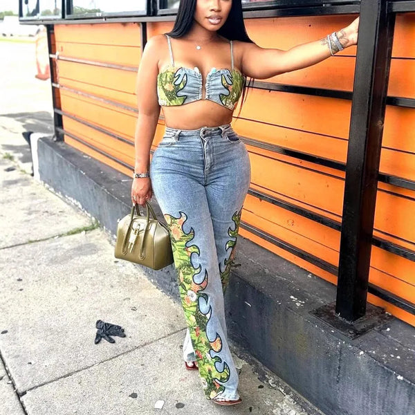 Trendy Floral Crop Top And Bottom High Waist Denim Set