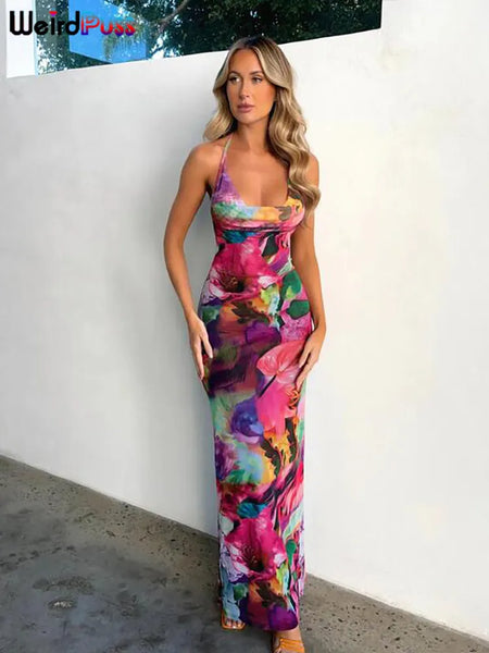Trendy Halter Flower Print Maxi Dress