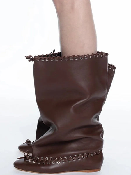 Trendy Wide Knee High Cross Tied Flat Sole Boots