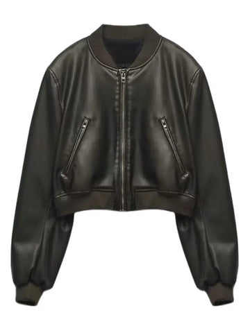 Trendy Cropped Faux Leather Jacket With Pockets