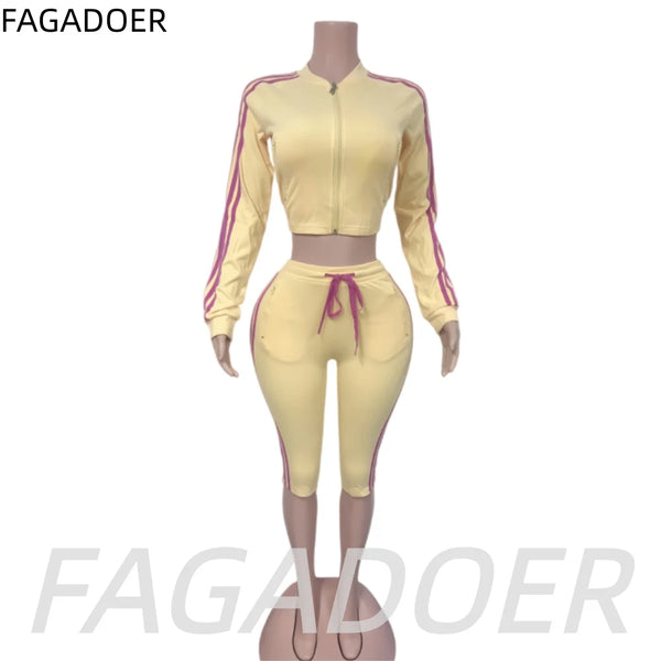 FAGADOER Y2K Trendy Color Block Striped 2 Piece Sets Women Casual Zipper Top Pocket Patchwork Drawstring Bodycon Shorts Suits