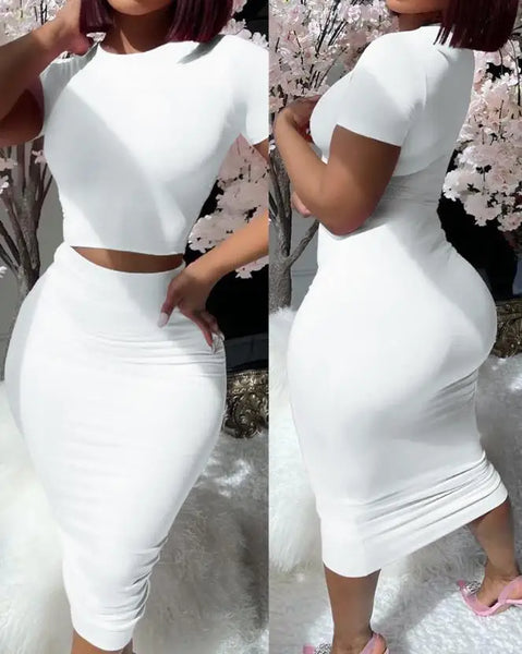 Trendy Fitted Plain Crop Top And Skirt Set