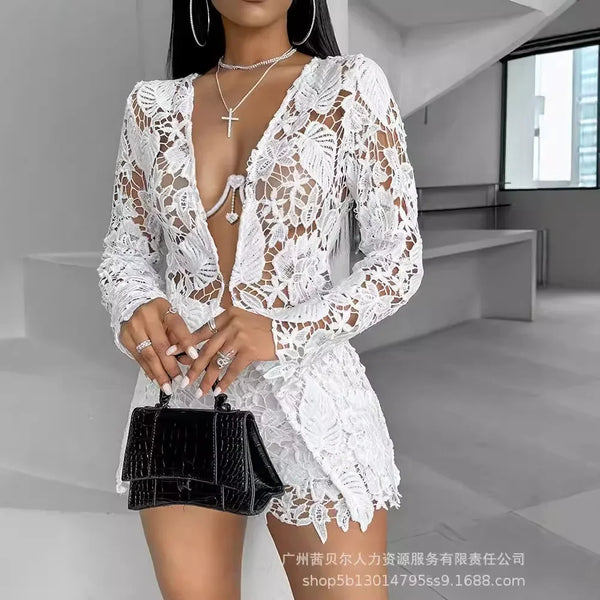 Trendy Hollow Out White Lace Cardigan Top And Bottom Set