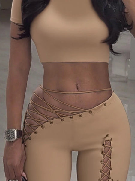 Trendy Bandage Halter Two Piece Hollow Out Top And Pants Set