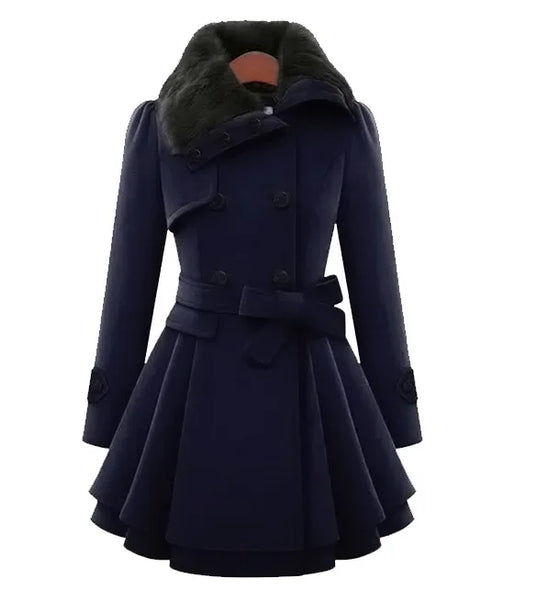 Trendy Woolen Fur Pleated Trench Coat